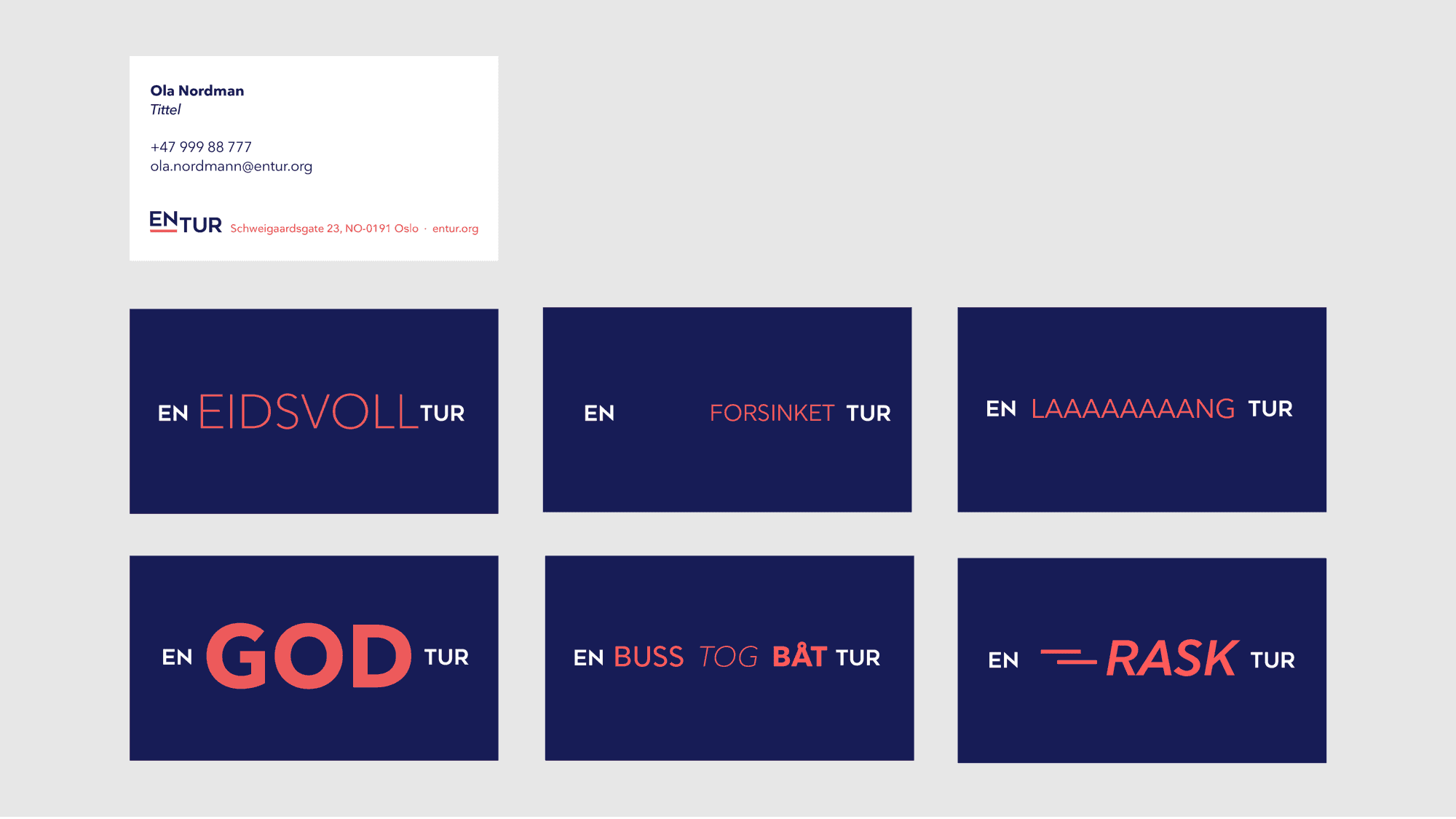 Viser flere eksempler på Enturs visittkort