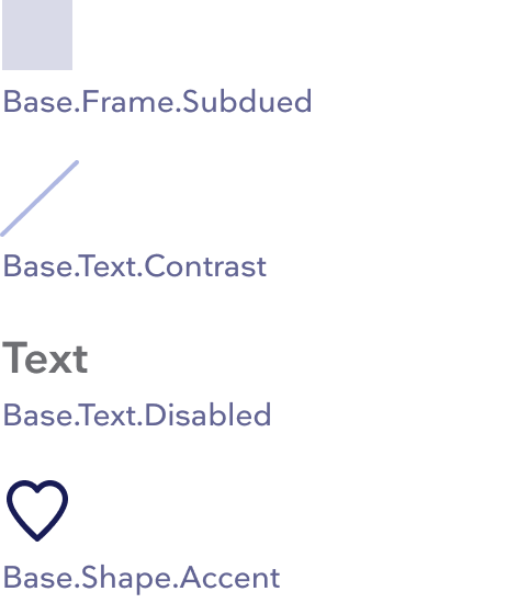 eksempel på base-tokens er base-frame-subsueded som er en dempet farge for en bakgrunn til en firkant